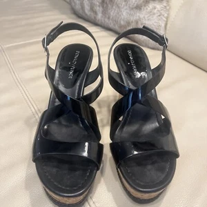 Donald J Pliner Cork Heel Sandal Patent Blk Size 8m - Picture 1 of 9