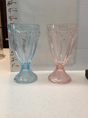 Set of 2 Lenox Butterfly Meadow Dragonfly Blue and Pink Glass Goblets 7" Tall - Image 1 of 4