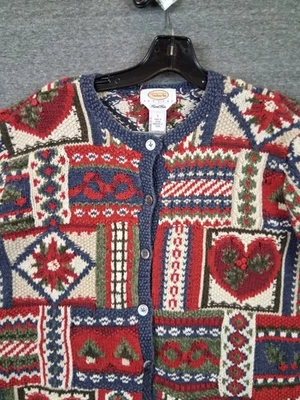 Vintage Talbots Sweater PL Red Blue Knit Cardigan Granny Core Holiday Patchwork - Image 1 of 4