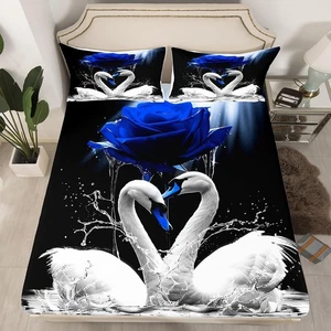 White Swan Fitted Sheet Twin Size 3D Rose Bedding Set Boys Girls Romantic - Picture 1 of 6