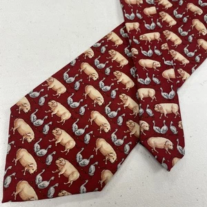 Beaufort Italy Men's Red Animal Pig Goose Geometric Pattern Silk Neck Tie - Picture 1 of 9