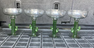 Cactus Saguaro verde trasparente soffiato a mano vetro margarita cocktail Messico set di 4 - Foto 1 di 10