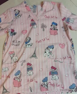 Disney 101 Dalmatians Scrub Top Size Small Pink Stripes Paris Puppies - Picture 1 of 6