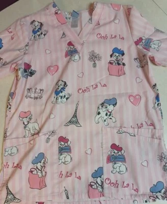 Disney 101 Dalmatians Scrub Top Size Small Pink Stripes Paris Puppies - Image 1 of 4