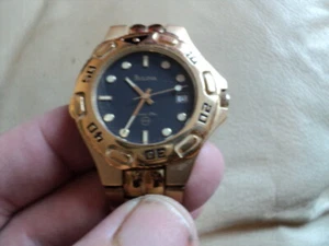 Bulova Marine Star Swiss Man's Black Face Quartz Gold Plated Watch Working - Picture 1 of 6