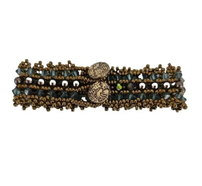 Pulsera Banda Estrás Moda Marrón Dorado Azul Gris Doble Botón Cierre 6.5" Foto 1 de 4