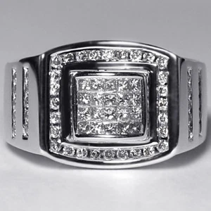 Mens Real Princess Diamond Ring Solid 14K White Gold Invisible Pinky Signet - Picture 1 of 6