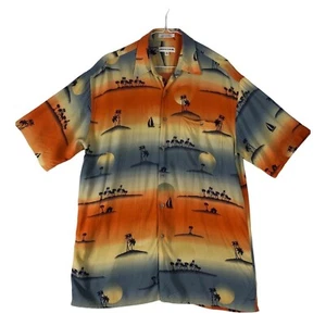 Pierre Cardin Hawaiian Button Down Shirt Sailboat PalmTrees Blue/Orange Men Sz M - Picture 1 of 11