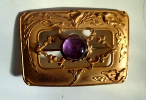 Art Nouveau Victorian Sash Pin Brooch Amethyst Stone Gold Wash - Picture 1 of 10