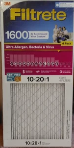 Filtrete Ultra Allergen 2X Bacteria & Virus Filter (1600 MPR) 10X20X1 ~ "4" Pack - Picture 1 of 5