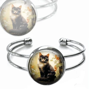 Pulsera de esmoquin gato puño de plata vintage acuarela estampado artístico gato amante joyería - Imagen 1 de 3