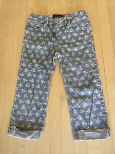 Mini Boden Girls Size 11 Cropped Denim Capri Flower Print Jeans Cuffed - Picture 1 of 4