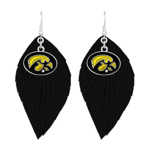 Iowa Hawkeyes Black Yellow Boho Leather Feather Wire Earrings Jewelry Gift UI Cover