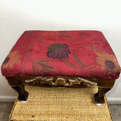 Vintage Mid Century Embroidered Carved Wood Floral Footstool Foot Rest Seat Red - Image 1 of 4