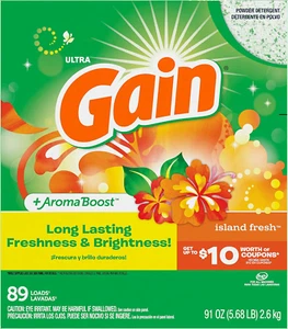 Detergente de lavandería en polvo Gain para lavadoras regulares y HE, aroma fresco isla, 91 - Imagen 1 de 7
