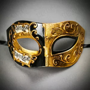 Venetian Black Phantom Classic Eye Mask w/ Hand Crafted Gold Lining Masquerade - Picture 1 of 6