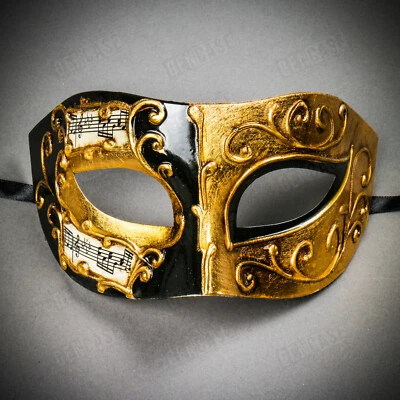 Venetian Black Phantom Classic Eye Mask w/ Hand Crafted Gold Lining Masquerade - Image 1 of 4