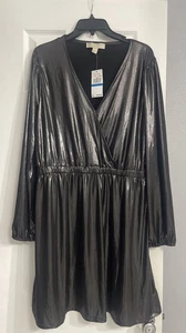 NWT Michael Kors Lamé Crisscross Long Sleeve Dress Black/ Gray Gunmetal Size Xl - Picture 1 of 9