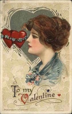 Postal Antigua WINSCH SCHMUCKER VALENTINE Hermosa Mujer Corazones Gemelos Foto 1 de 2