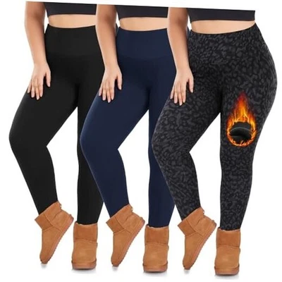  3件装大码抓绒衬里打底裤女式3X大号黑色/海军蓝/豹纹印花 — 第 1/4 张图片