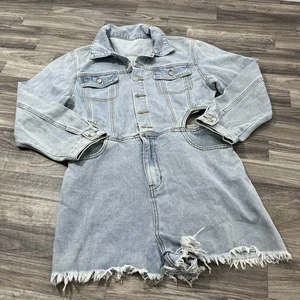 Vestido mameluco estilo vintage denim con corte lavado claro dobladillo deshilachado - Imagen 1 de 9