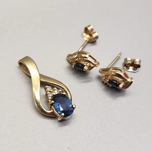 Sapphire Pendant Pierced Stud Earrings Blue 14K Gold - Picture 1 of 19