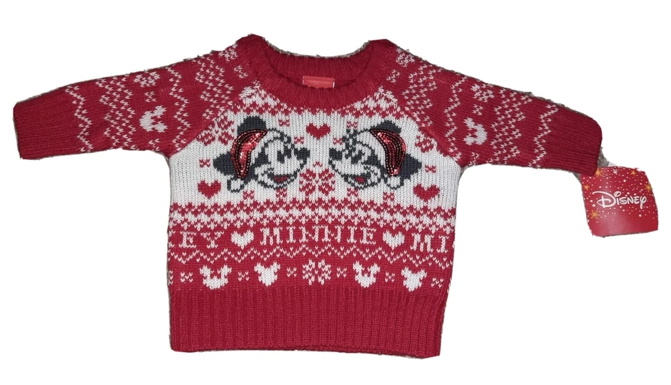 Disney Mickey and Minnie Mouse Christmas Sweater Baby Newborn S 12 Mos