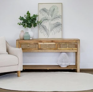 Byron Natural Mango Wood & Rattan Console Table with 3 Drawers - 150cm - Picture 1 of 19