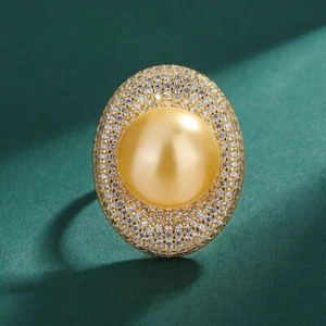 Huge AAA 12-11mm Genuine Natural South Sea Golden Round Pearl Ring 925s - Picture 1 of 3