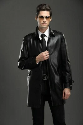 New Men's Black Leather Lambskin Trench Knee Length Slim Fit Stylish Over Coat - Image 1 of 4