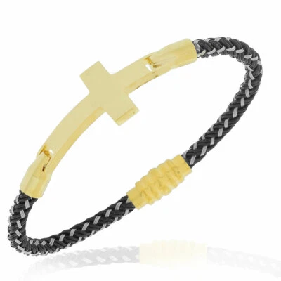 Brazalete Cruz Religiosa Para Hombre EDFORCE Negro Amarillo Tono Oro con Cierre Foto 1 de 3