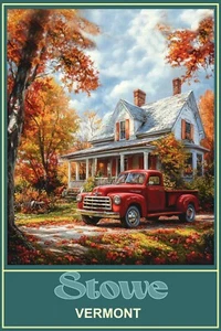 Póster de viaje Stowe Vermont otoño follaje árboles camión impresión 16x 24 giclee - Imagen 1 de 1