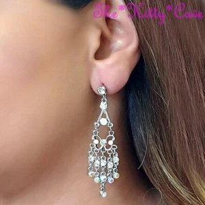 Élégant Argent Opale Aurore Swarovski Cristal Papillon Goutte Boucles D'oreilles - Picture 1 of 11