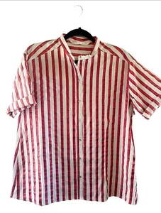 Zara rot weiß schimmernde Nadelstreifen Knopfleiste Gr. M Rücken Rüschen - Bild 1 von 10