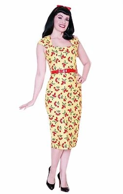 Hermoso Vestido Bernie Dexter Chloe Movible Amarillo y Rojo Cerezas Inspirado Retro Foto 1 de 3