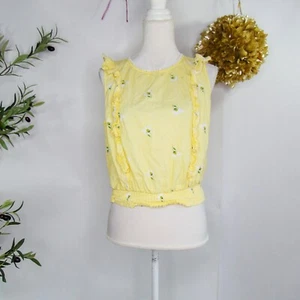 available by angela women's ruffle front yellow flower sleeveless blouse - Picture 1 of 7