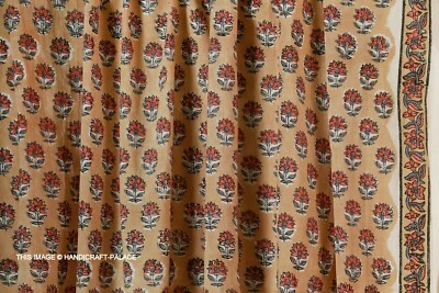 Cotton Fabric Sanganeri Indian 5 Yard Hand Block Print Pure Running Beige Floral - Image 1 of 4