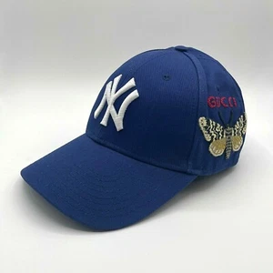 Gucci Unisex Blue Cotton NY Yankee Butterfly Embroidery Baseball Hat 538565 4300 - Picture 1 of 9