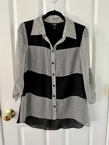 AGB Black White Polka Dot Semi Sheer Blouse Top Buttoned Women's Size M - Picture 1 of 9
