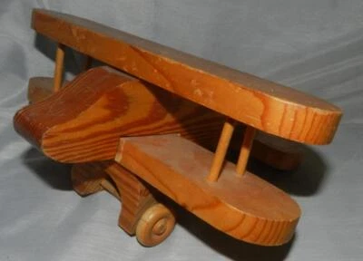 Handcrafted Solid Wood Biplane Airplane Rolling Toy 10.5" x 11.5" x 6" - Image 1 of 4