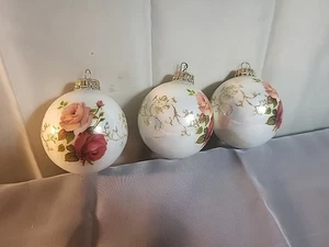 Vintage Hand-Painted Glass Rose Christmas Ornaments - Set of 3 - Picture 1 of 10