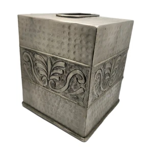 Hammered Metal Tissue Box Cover Embossed Silver Pewter Tone Square  - Picture 1 of 8