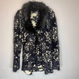 Schwarz Nieten Whimsigoth Kunstfell Shaggy Boho Glam Schwarz Creme Pullover Gr. M - Bild 1 von 13