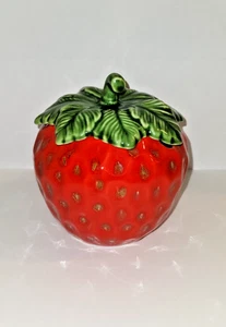 Entzückendes Vintage Erdbeerform Marmeladenglas mit Blatt und Stiel Deckel Löffel Loch 4,5" - Bild 1 von 14