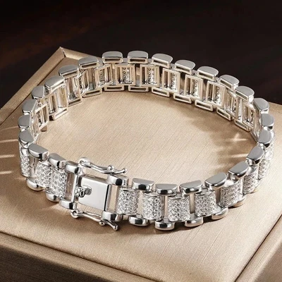 14Ctw Round Cut Real Moissanite Statement Bracelet UNISEX 14K White Gold Plated - Image 1 of 4