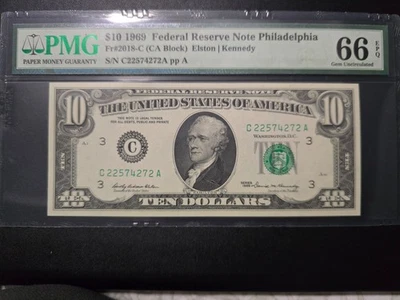 $10 1969 PMG 66 EPQ Federal Reserve Note C 22574272 A  Philadelphia - Image 1 of 3