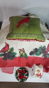Vintage Cardinal Bird Holiday Tablecloth Throw Pillow Stain Glass Art Ribbon Lot - Picture 1 of 7