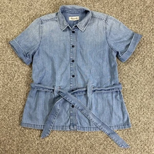 Madewell Denim Shirt Womens XS Blue Short Sleeve Button Up Collar Tie Belt - Picture 1 of 12