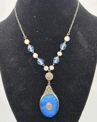 Vintage Art Deco Blue Satin Czech Glass W/Blue & Moonstone Beads, Silver Tone - Image 1 of 4