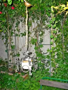 Antico lampione lampada lampadario ferro battuto nero oro opalina anni40 ingress - Foto 1 di 1